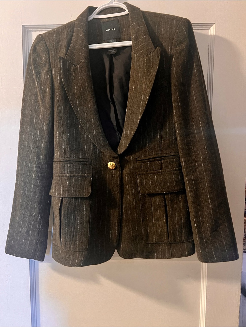 Smythe Olive-Brown Pinstripe Blazer with Gold Button